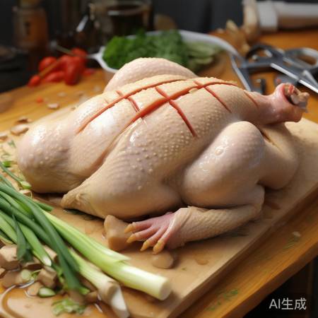清洁鸡身，划口入味，姜葱填肚增